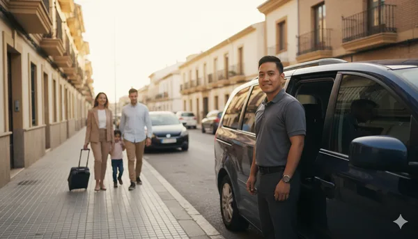 Chófer privado abriendo la puerta del vehículo a la familia