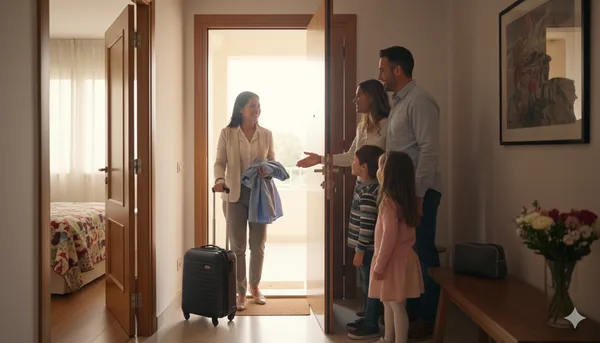 Familia madrileña recibiendo en la puerta de casa a una empleada interna filipina