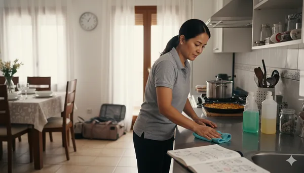 Empleada interna filipina preparando la casa para una reunión familiar de fin de semana